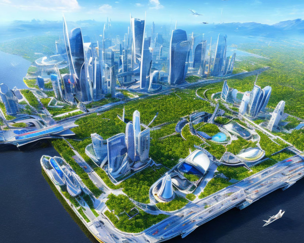 Futuristic cityscape with skyscrapers, greenery, waterways, and flying vehicles