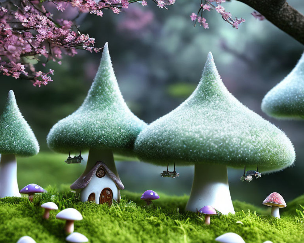 Whimsical snow-covered mushroom houses in fantasy landscape