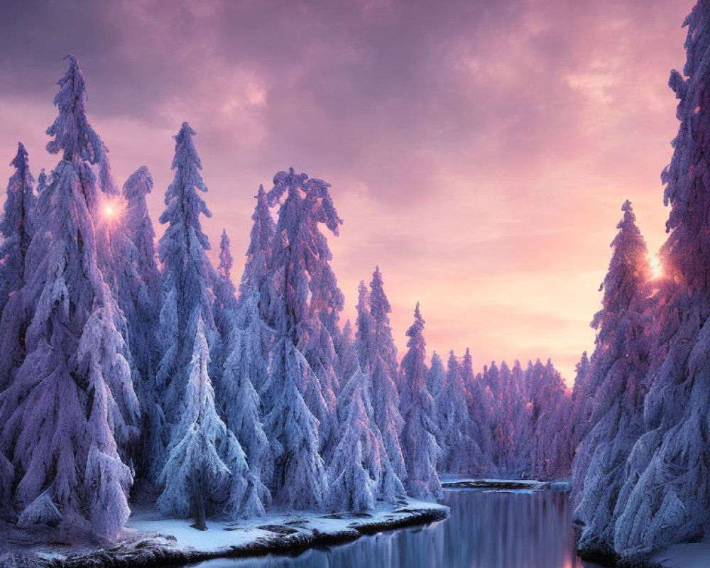 Tranquil river with snow-covered pine trees at sunrise