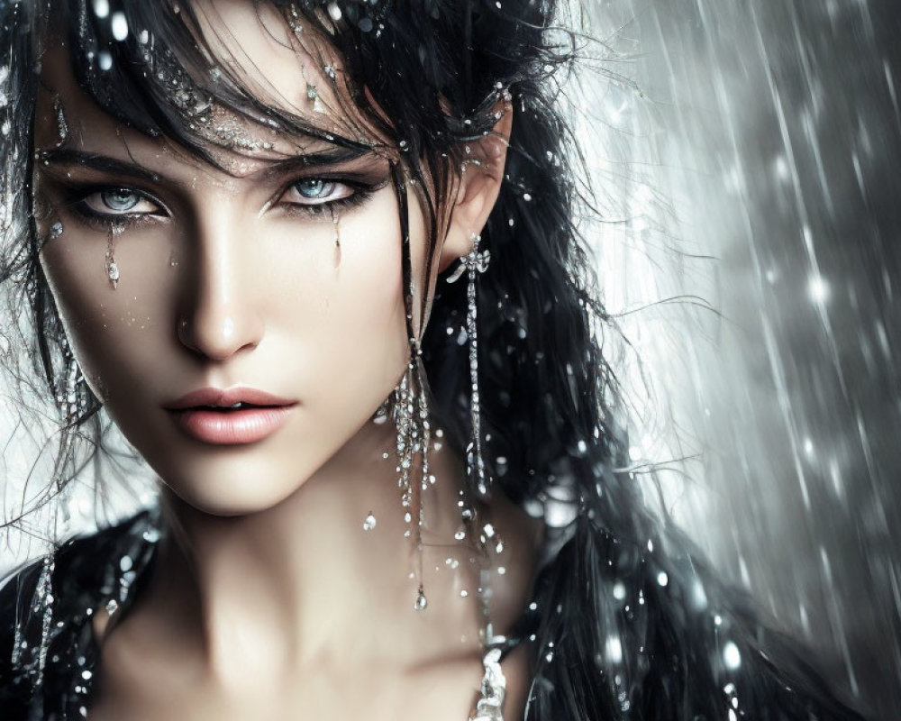 Woman with Striking Makeup and Water Droplets in Rainfall Setting