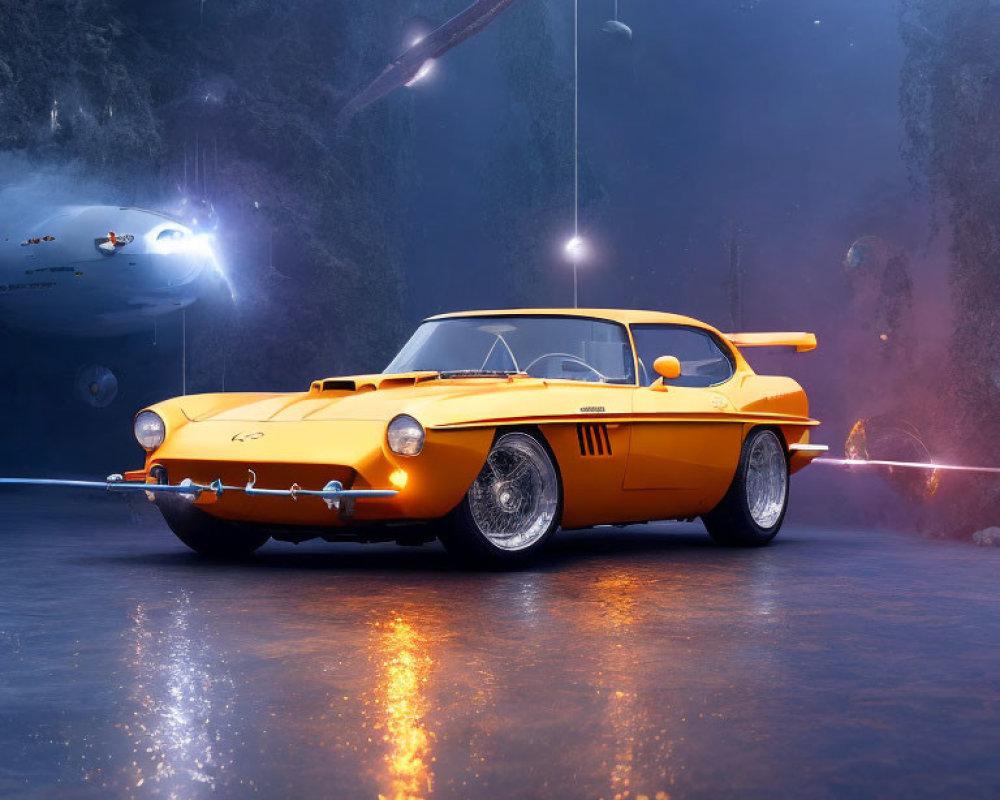 Vintage orange sports car submerged underwater with spotlights, surrounded by submarines and marine life