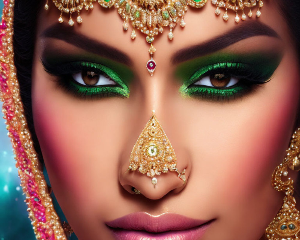 Woman with Bold Green Eyeshadow and Gold Jewelry Portrait