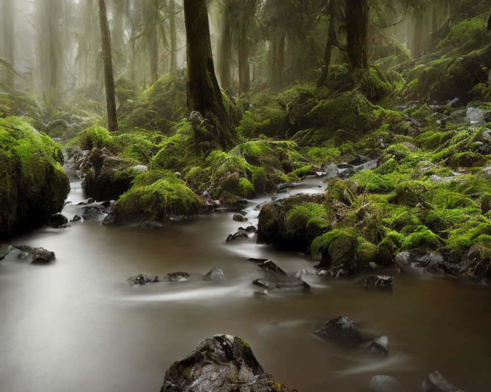 Tranquil misty forest with moss-covered rocks and trees