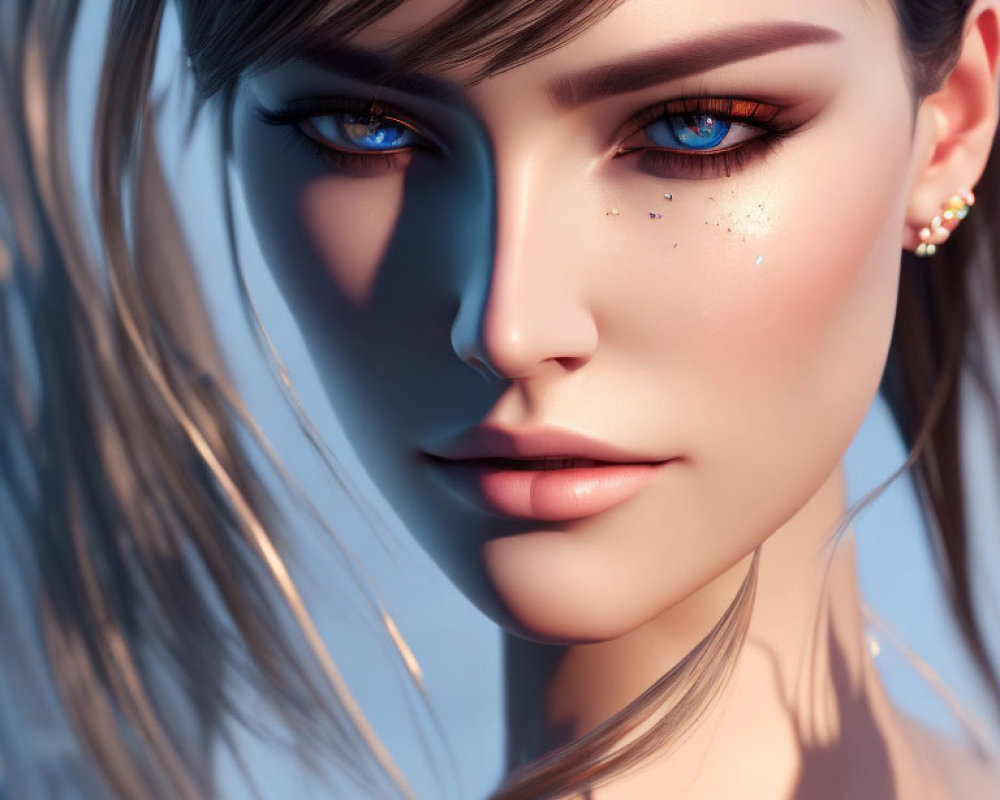 Detailed 3D Rendered Female Face with Blue Eyes and Freckles