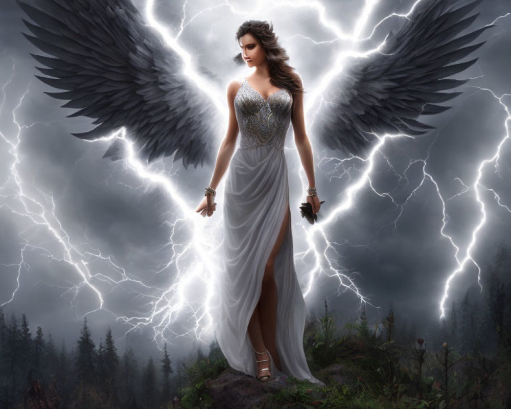 Majestic angel with expansive wings in stormy forest scene