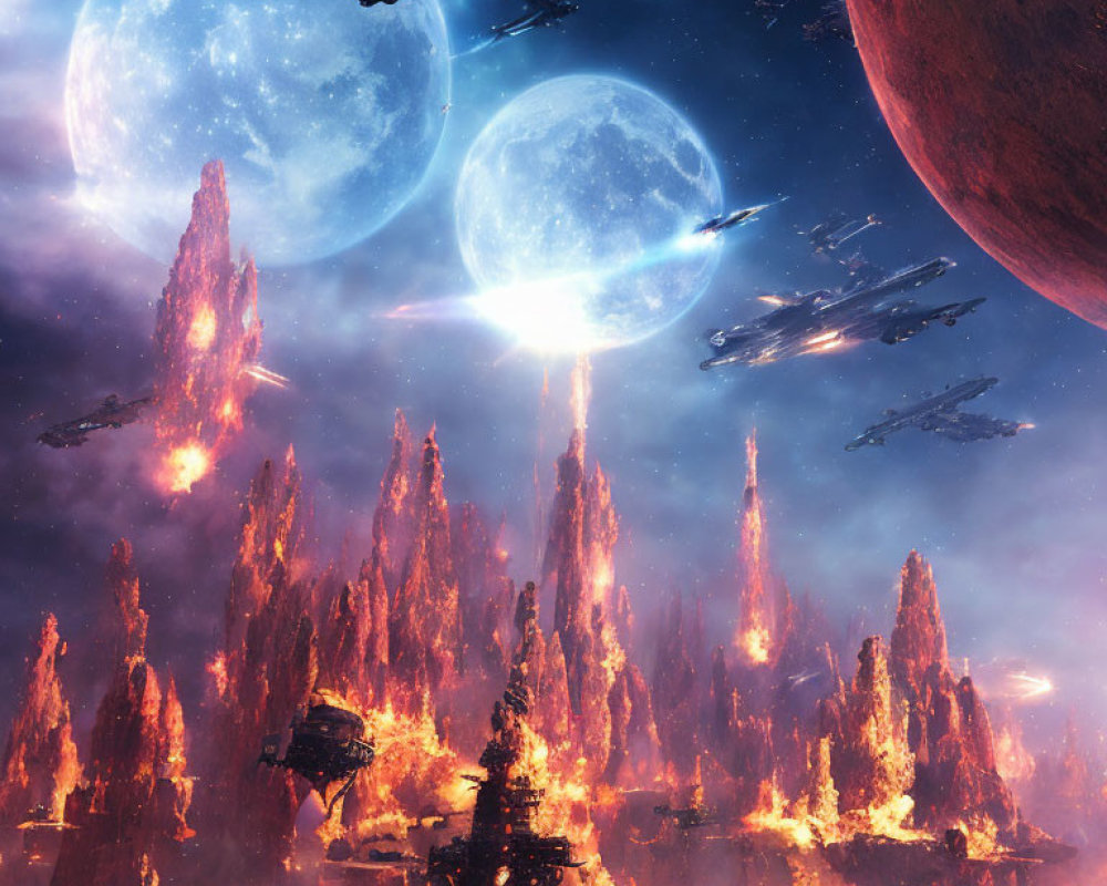 Sci-fi scene: Fleet above fiery landscape, cosmic sky