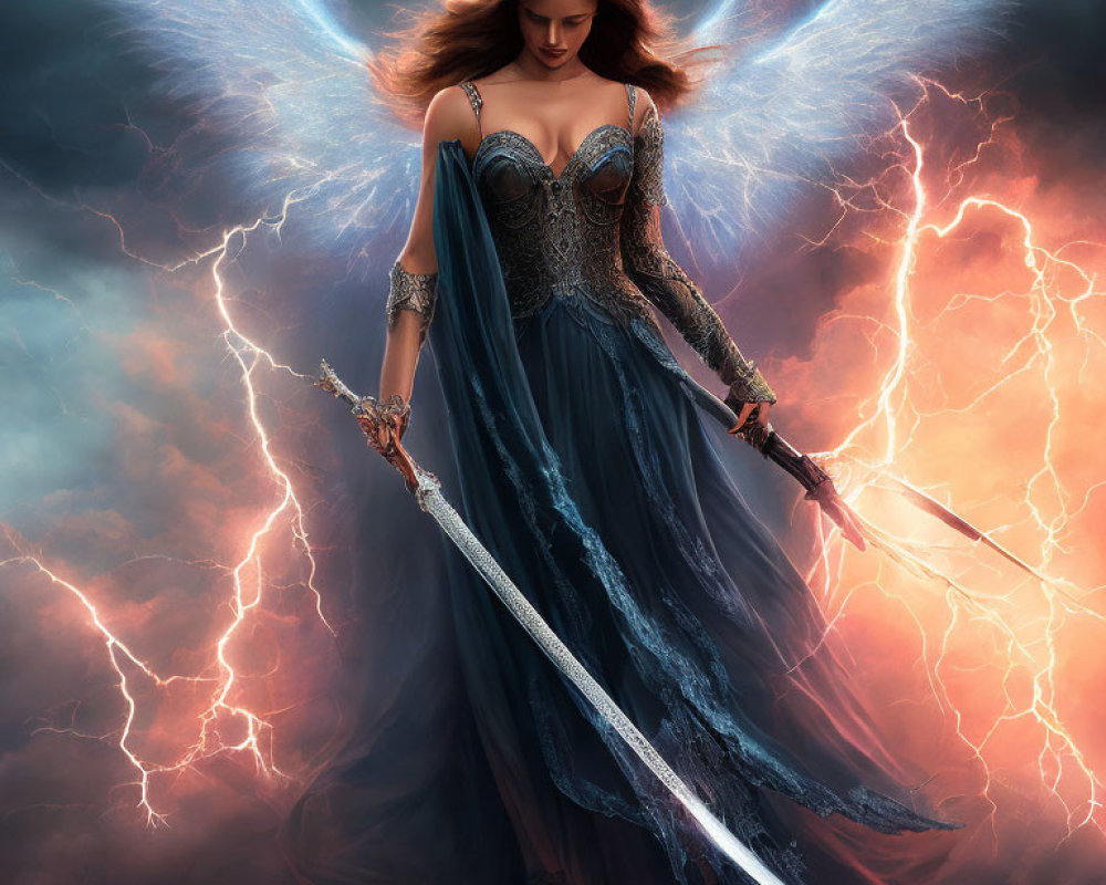 Ethereal woman with wings wields sword in lightning storm