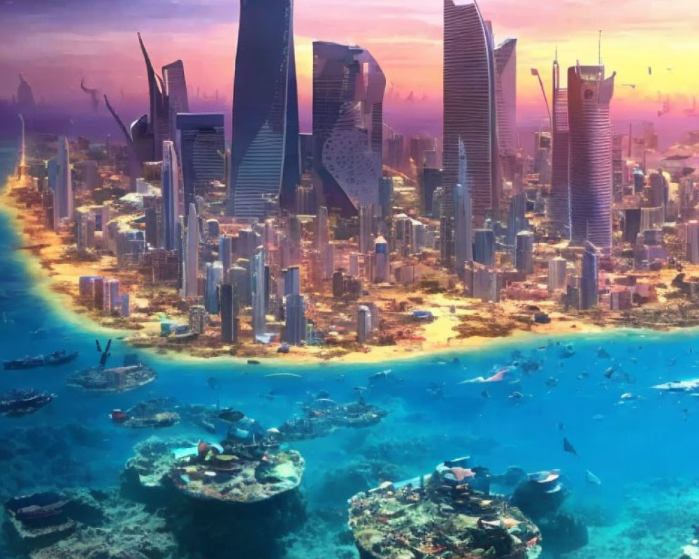 Futuristic Cityscape Over Coral Reef at Sunset