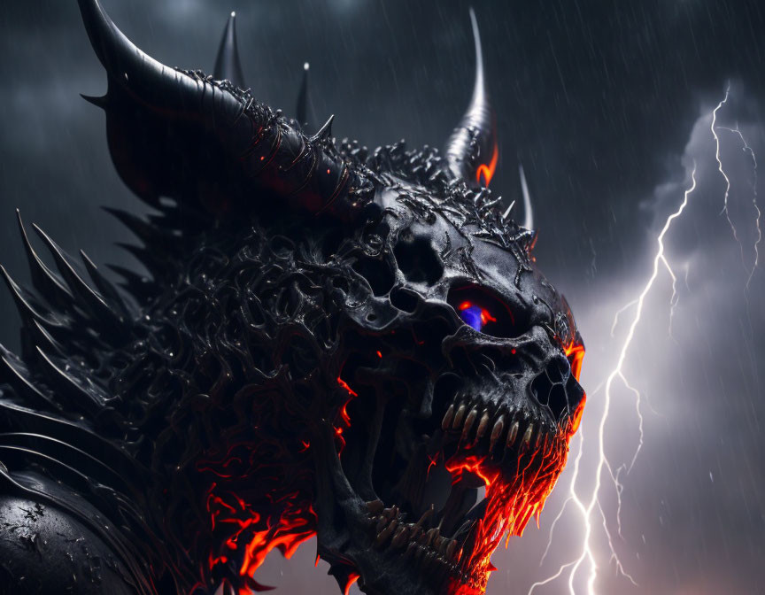 Black dragon with orange cracks, blue eyes, horns, and sharp teeth in stormy sky with lightning