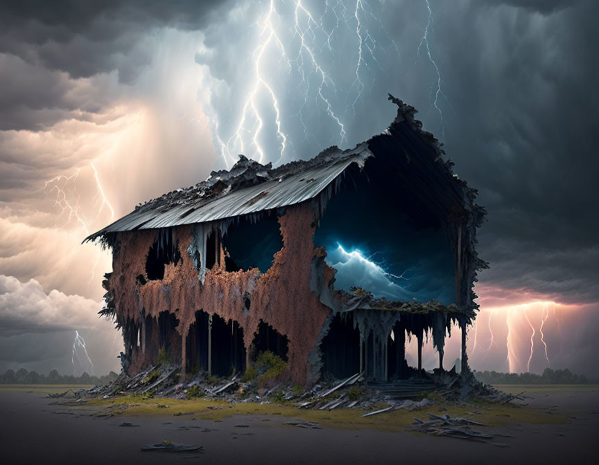 Spooky barn under stormy sky with lightning strikes