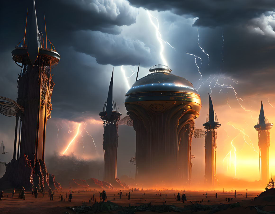 Futuristic cityscape with towering spires under stormy sky