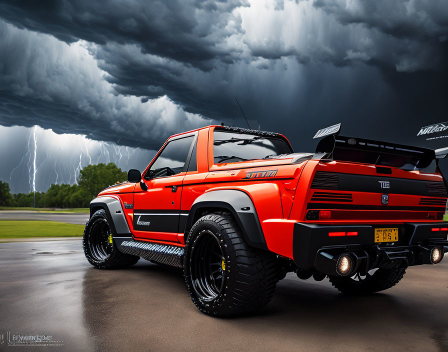 Black and Red Off-Road Vehicle with Spoiler under Stormy Sky