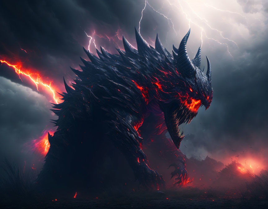 Menacing creature with glowing red fissures under stormy sky