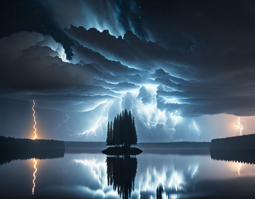 Intense lightning over tranquil lake with island of trees
