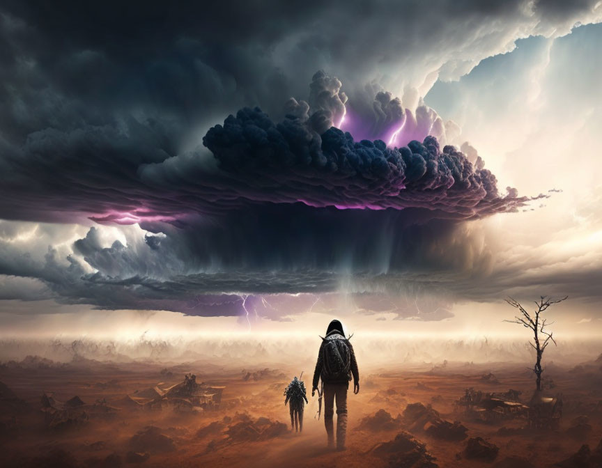 Person and dog under dramatic storm cloud with lightning bolts in desolate landscape