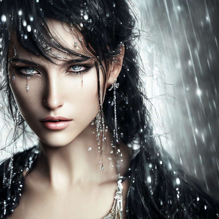 Woman with Striking Makeup and Water Droplets in Rainfall Setting