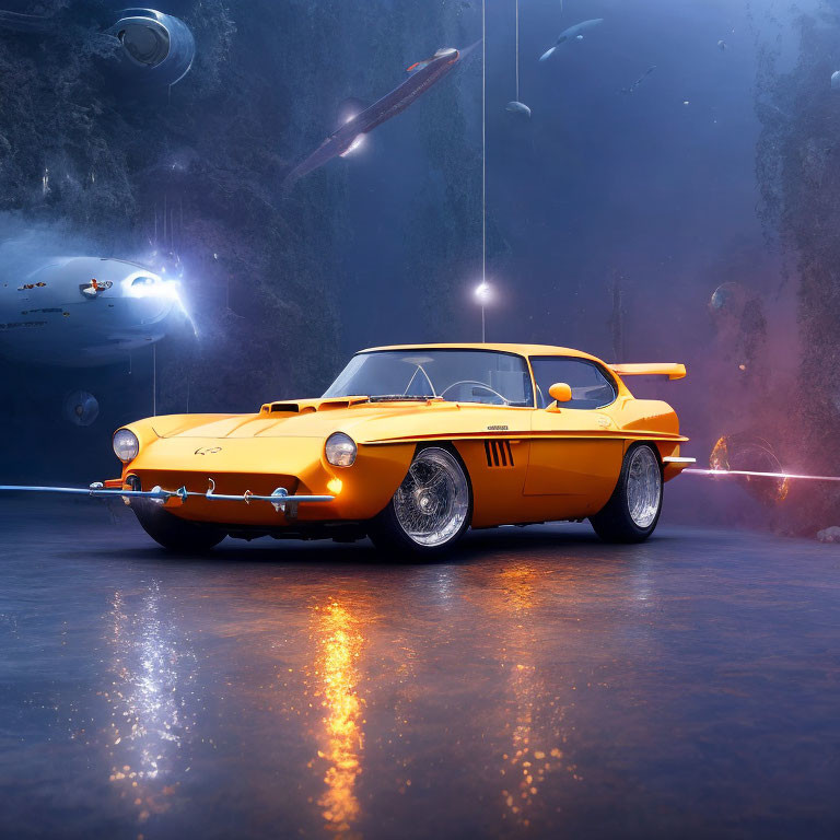 Vintage orange sports car submerged underwater with spotlights, surrounded by submarines and marine life