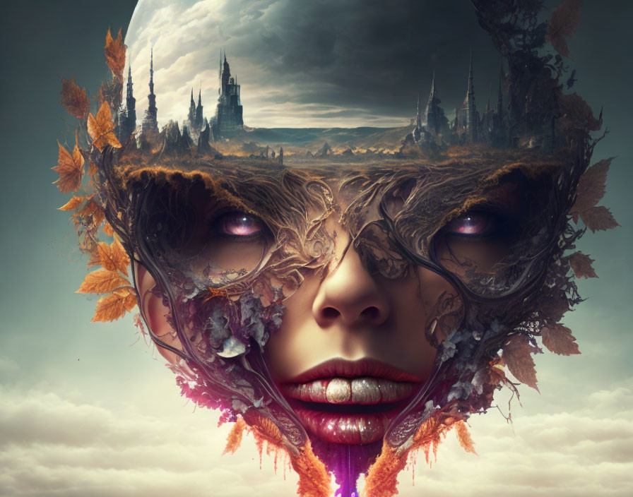 Surreal artwork of woman's face with nature and castles under stormy sky