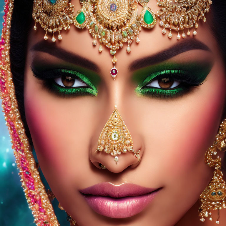 Woman with Bold Green Eyeshadow and Gold Jewelry Portrait