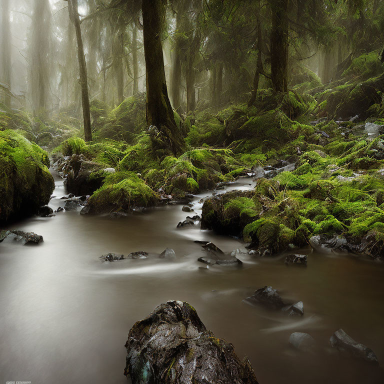 Tranquil misty forest with moss-covered rocks and trees