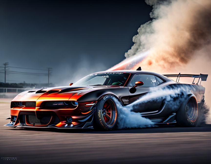 Vibrant flame design on modified sports car drifting on track