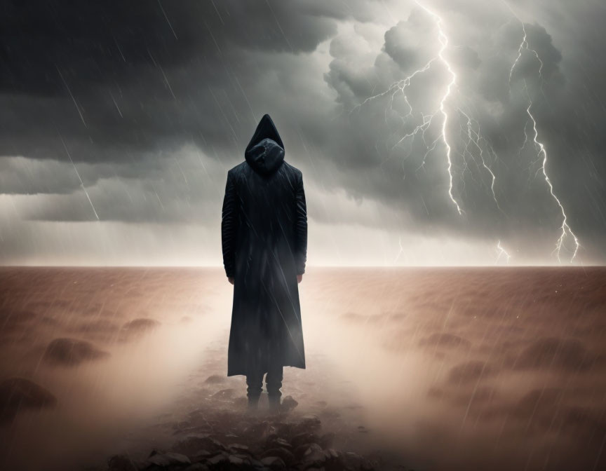 Cloaked figure in desolate landscape under stormy sky with lightning bolts