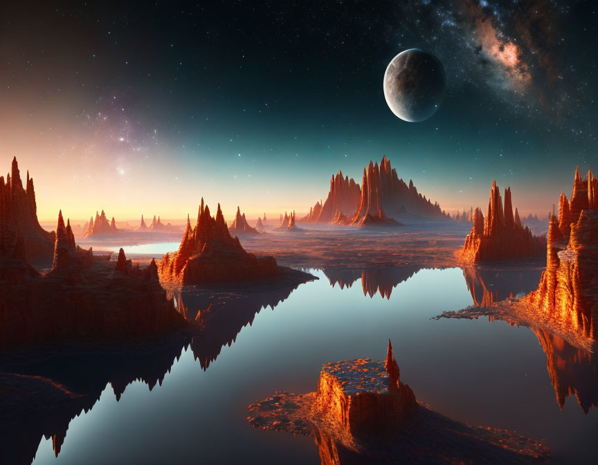 Alien landscape with towering rock formations and moonlit sky