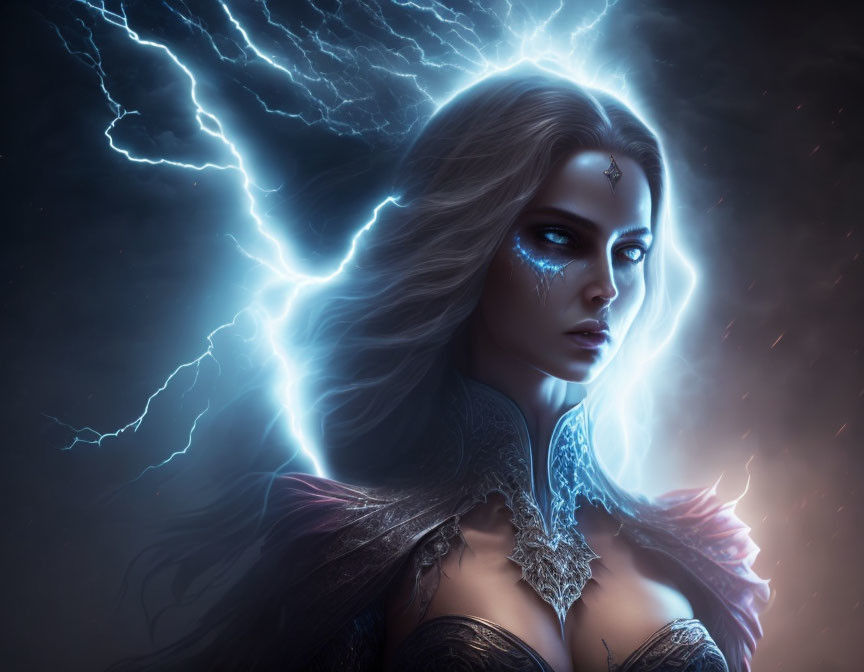 Pale-skinned woman in dark ornate attire with lightning background