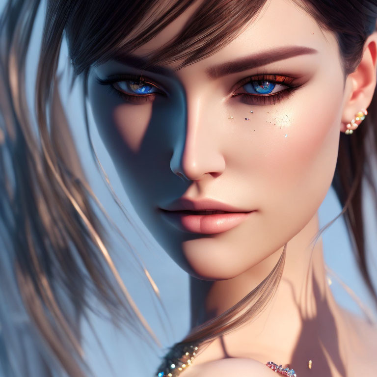 Detailed 3D Rendered Female Face with Blue Eyes and Freckles