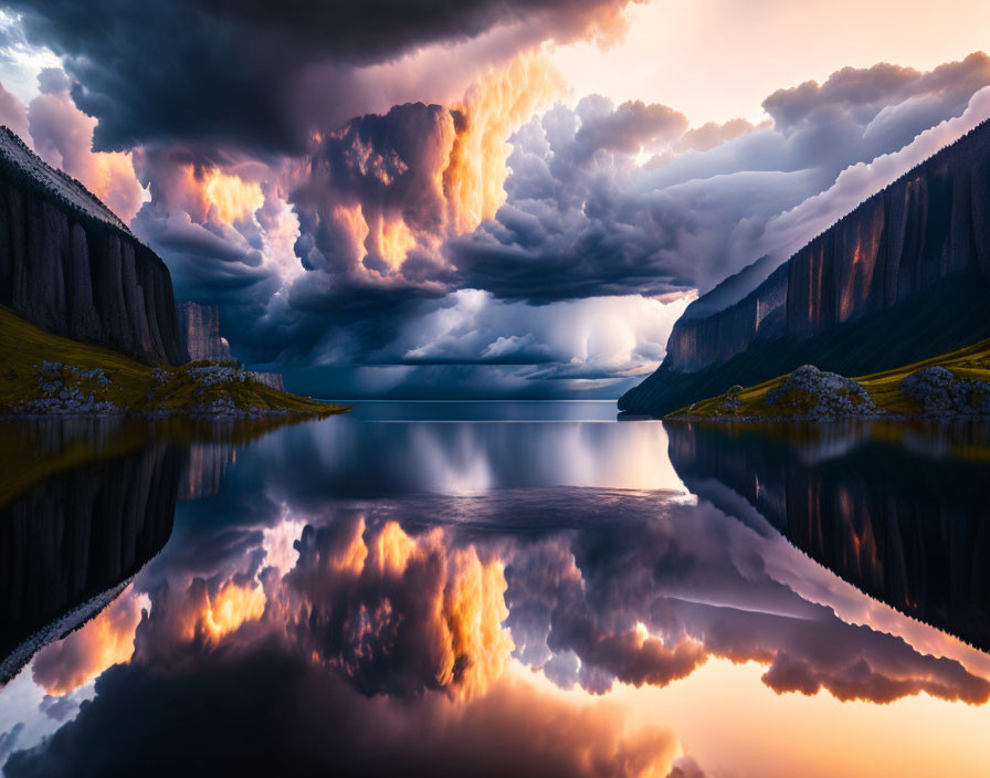 Tranquil lake reflecting towering cliffs and vibrant sky in dramatic landscape