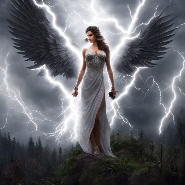 Majestic angel with expansive wings in stormy forest scene