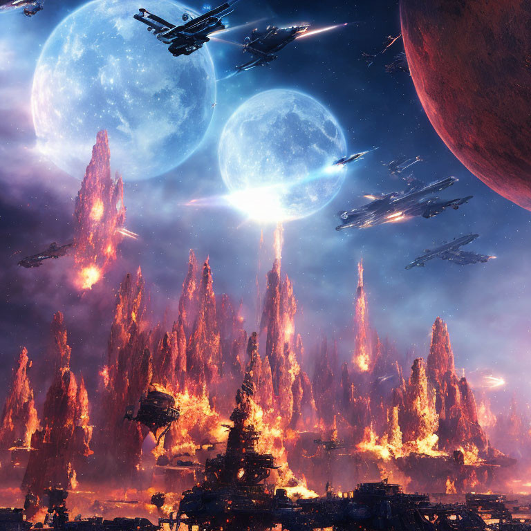 Sci-fi scene: Fleet above fiery landscape, cosmic sky