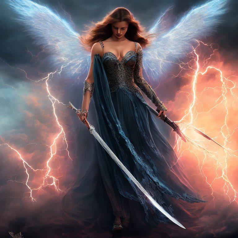 Ethereal woman with wings wields sword in lightning storm