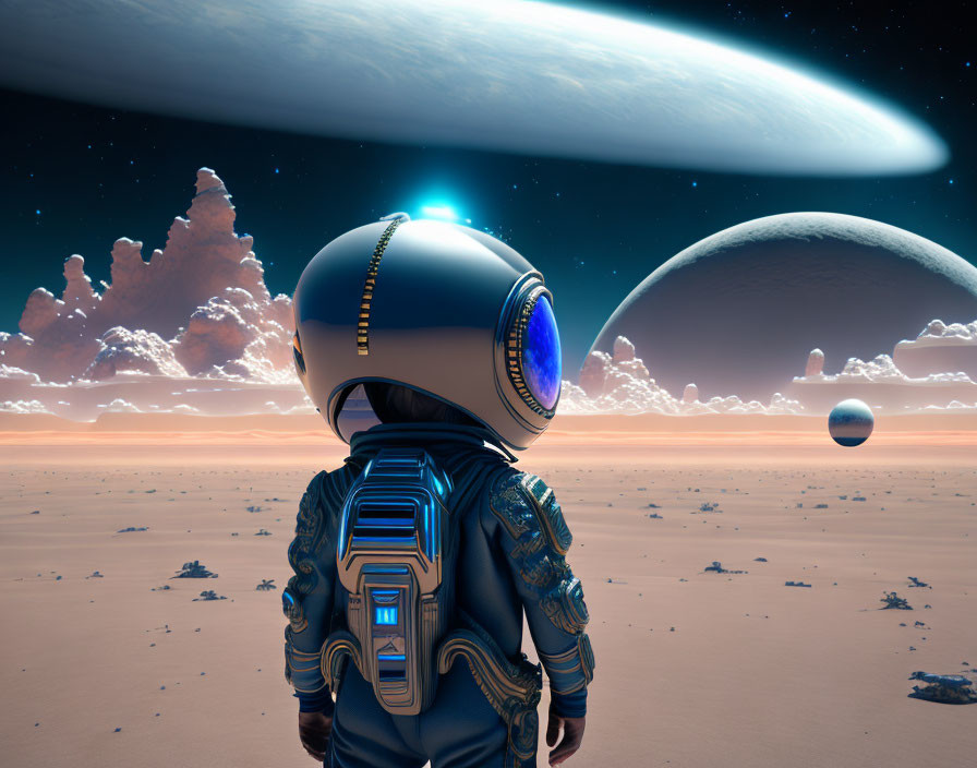 Astronaut on alien planet with rings, moons, and starlit sky