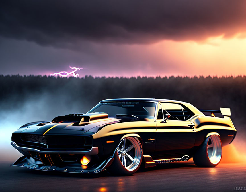 Black muscle car with racing stripes under stormy sky and lightning glow.