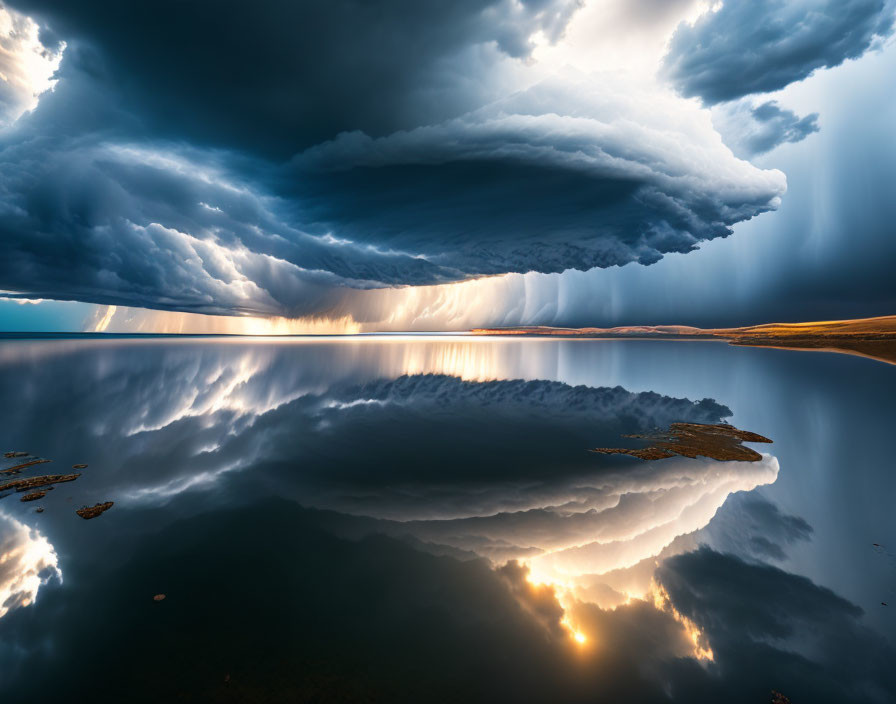 Dramatic sunset scene with shelf cloud, sunbeams, and dark skies