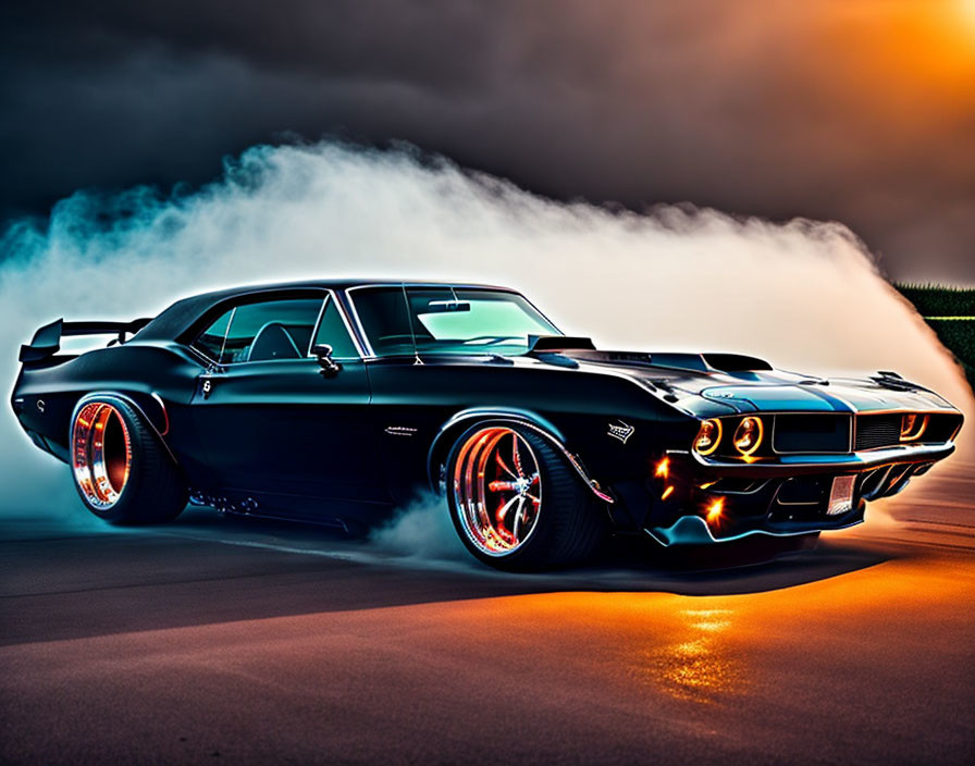 Black muscle car with red rims burning rubber at sunset
