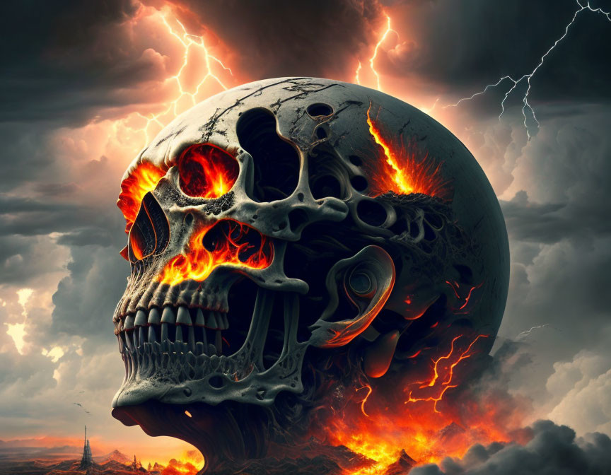 Glowing-eyed fiery skull in dramatic apocalyptic fantasy scene