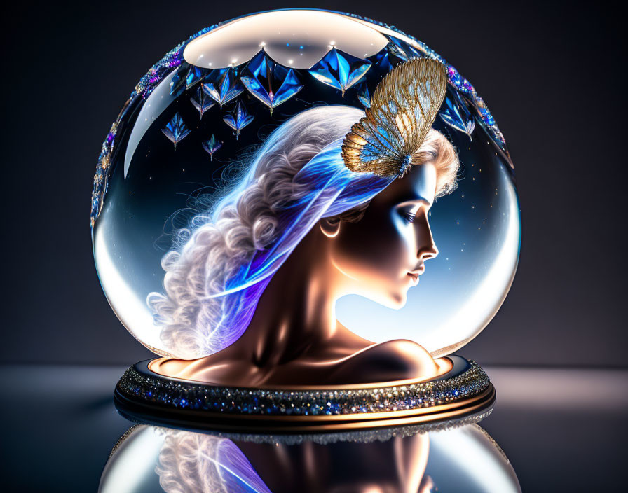 Digital artwork: Woman with white hair and golden accessory in jeweled snow globe