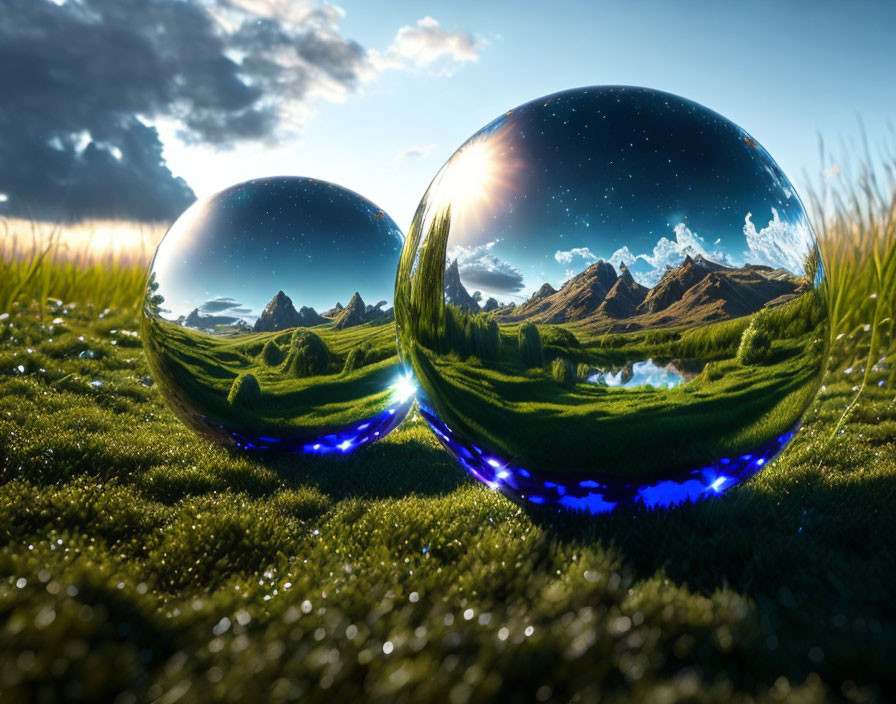 Crystal balls on grass reflecting mountain landscape with starry night sky.