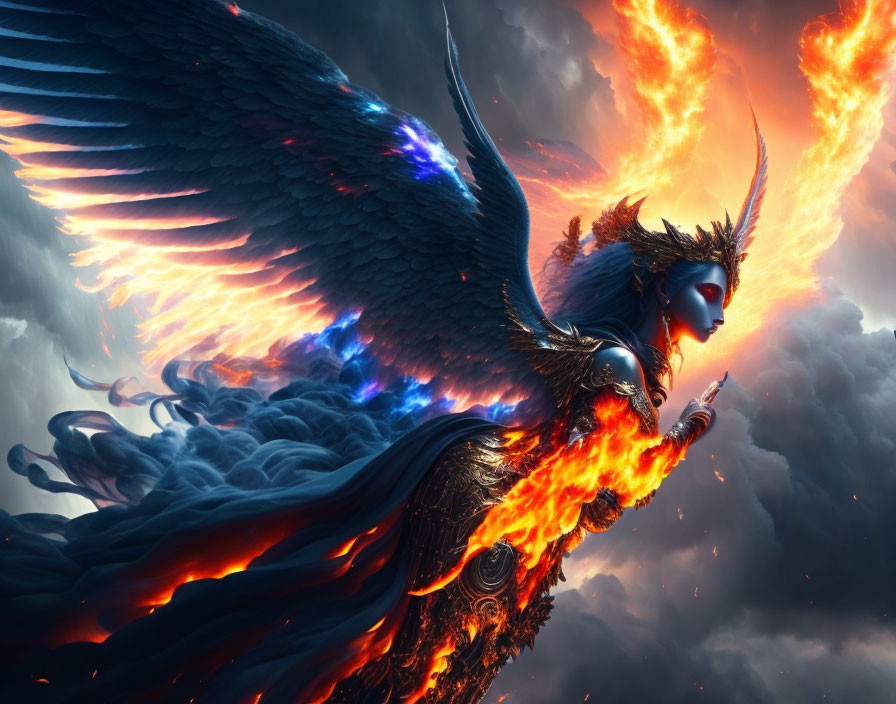 Fantastical creature with fiery and icy wings in dramatic cloudscape