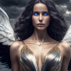 Digital Artwork: Woman with Angelic Wings and Blue Eyes in Gold Outfit