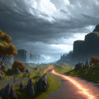 Winding road under stormy sky with lightning, surrounded by golden-leaved trees and mountains