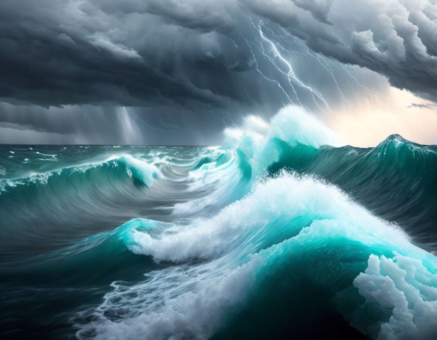 Dramatic sunset storm over turbulent ocean