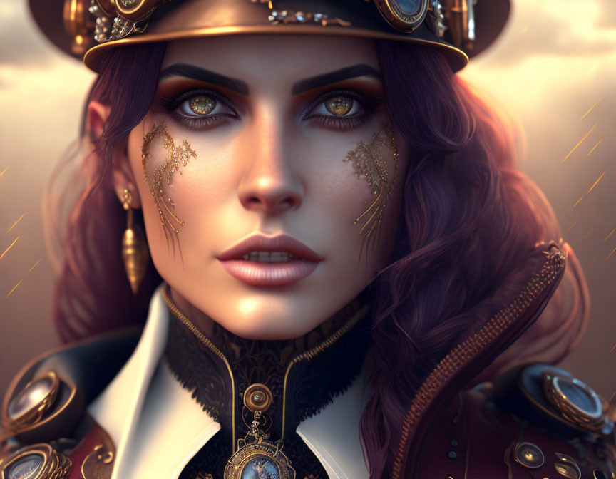 Portrait of a woman with amber eyes in steampunk attire and gold facial embellishments