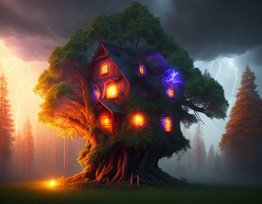 Mystical multi-story treehouse with glowing windows in eerie forest at twilight