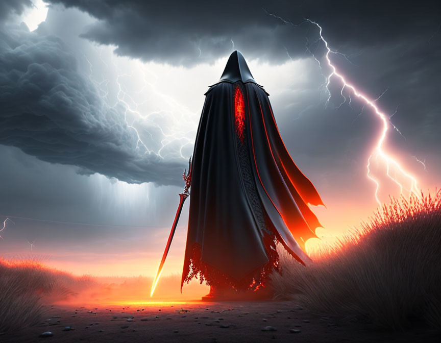 Mysterious figure with red lightsaber in stormy landscape