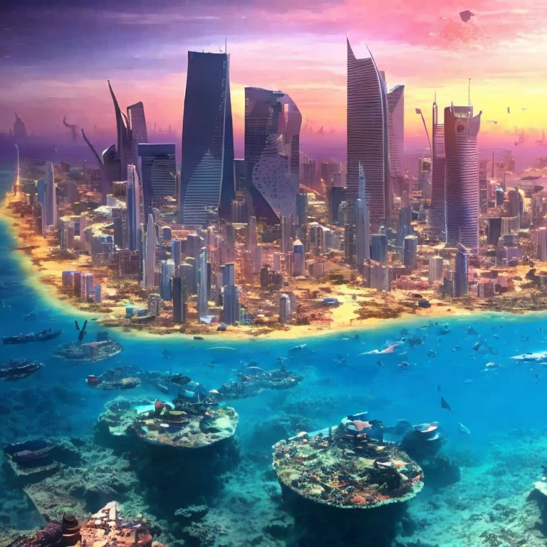 Futuristic Cityscape Over Coral Reef at Sunset