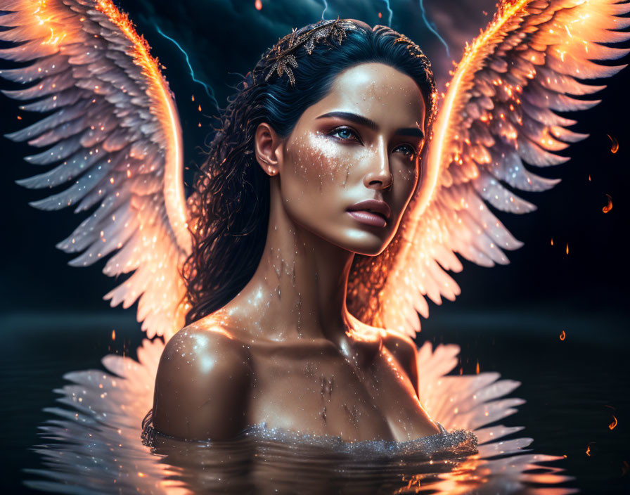 Mystical woman with luminous wings and crown in water on dark background