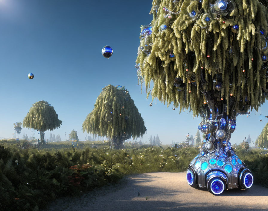 Surreal landscape featuring tree-like structures with mechanical legs and metallic spheres under a clear blue sky